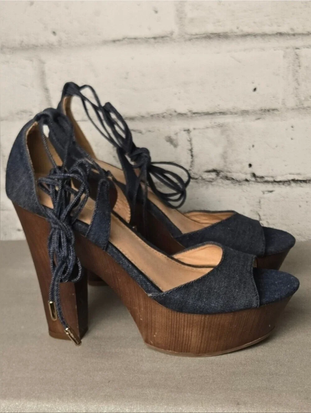 Brash Denim Lace Up Platform Heels Chunky Wooden Sandals Size 8.5